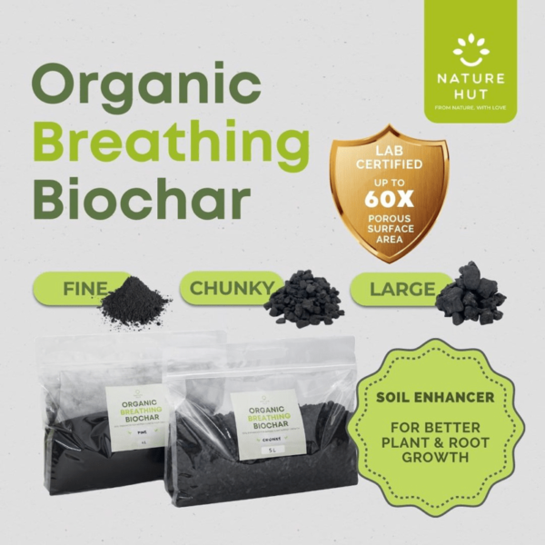 Nature Hut Organic Breathing Biochar, Fine (4L), Chunky (5L), or Large (5L) - Soil Enhancer, Use Less Fertiliser
